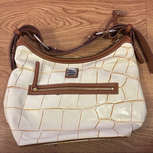 Dooney & Bourke Handbags - Dooney & Bourke Croc-Embossed Cream and Brown Shoulder Bag
